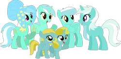 Size: 1042x510 | Tagged: safe, artist:starryoak, base used, character:lyra heartstrings, character:sun glimmer, species:earth pony, species:pegasus, species:pony, species:unicorn, background pony, bee bop, bonnet, cornetta, family, female, filly, harpica heartstrings, palette swap, recolor, silver heartstrings, silver strings, simple background, skyra, skyra heartstrings, transparent background