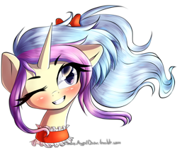 Size: 2000x1698 | Tagged: safe, artist:chaosangeldesu, oc, oc only, oc:sweetie breeze, species:pony, species:unicorn, bow, bust, choker, grin, hair bow, horn, one eye closed, simple background, smiling, transparent background, unicorn oc, wink, ych result