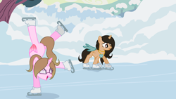 Size: 1024x578 | Tagged: safe, artist:cindydreamlight, base used, oc, oc only, oc:cindy, oc:lele glimmer, species:alicorn, species:pony, female, flexible, ice skating, mare