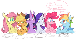 Size: 1700x868 | Tagged: safe, artist:xenon, character:applejack, character:fluttershy, character:pinkie pie, character:rainbow dash, character:rarity, character:twilight sparkle, character:twilight sparkle (alicorn), species:alicorn, species:earth pony, species:pegasus, species:pony, species:unicorn, chest fluff, clothing, cloven hooves, colored sketch, cowboy hat, curved horn, dialogue, disgusted, eye clipping through hair, female, food, hat, hoof hold, mane six, mare, no pupils, plate, ponies eating meat, ponies eating seafood, seafood, shrimp, simple background, speech bubble, unshorn fetlocks, varying degrees of want, white background