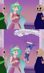 Size: 1500x2500 | Tagged: safe, artist:phallen1, character:princess celestia, character:princess luna, species:human, alcohol, band shirt, belly button, both cutie marks, clothing, comic, cutie mark on clothes, dress, gala dress, glass, group, hipgnosis, humanized, jeans, midriff, no dialogue, oh crap face, pants, parachute, pink floyd, ponytail, shirt, shirt lift, t-shirt, the dark side of the moon, wine, wine glass