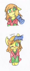 Size: 792x1852 | Tagged: safe, artist:spheedc, oc, oc only, oc:sweet corn, species:pony, :3, blushing, cheeks, clothing, floppy ears, head pat, looking at you, offscreen character, one eye closed, pat, simple background, smiling, solo, traditional art, white background