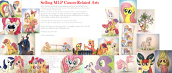 Size: 3320x1416 | Tagged: safe, artist:thefriendlyelephant, character:apple bloom, character:applejack, character:big mcintosh, character:flutterbat, character:fluttershy, character:marble pie, character:pinkie pie, character:queen chrysalis, character:rainbow dash, character:rarity, character:scootaloo, character:spike, character:sweetie belle, character:twilight sparkle, species:bat pony, species:chicken, species:dragon, species:earth pony, species:parrot, species:pegasus, species:pony, species:unicorn, advertisement, advertising, apple, ball, bow, candy, candy corn, cider, collage, cookie, cutie mark crusaders, flag, food, jenga, mane six, oreo, palm tree, pot, question mark, race swap, rope, ruler, selling, text, traditional art, tree