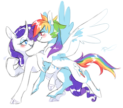 Size: 1413x1233 | Tagged: safe, artist:xenon, character:rainbow dash, character:rarity, species:pegasus, species:pony, species:unicorn, ship:raridash, blushing, cloven hooves, curved horn, female, lesbian, looking at each other, mare, raised hoof, shipping, simple background, smiling, spread wings, white background, wings