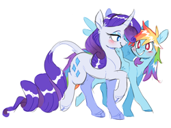 Size: 1432x1074 | Tagged: safe, artist:xenon, character:rainbow dash, character:rarity, species:classical unicorn, species:pegasus, species:pony, species:unicorn, ship:raridash, blushing, cloven hooves, curved horn, ear fluff, female, leonine tail, lesbian, looking at each other, mare, raised hoof, shipping, simple background, smiling, unshorn fetlocks, white background