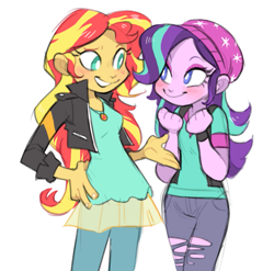 Size: 765x757 | Tagged: safe, artist:xenon, character:starlight glimmer, character:sunset shimmer, equestria girls:mirror magic, g4, my little pony: equestria girls, my little pony:equestria girls, spoiler:eqg specials, beanie, blushing, clothing, cute, duo, female, glimmerbetes, hat, looking at each other, shimmerbetes, simple background, smiling, torn clothes, white background