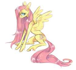 Size: 1920x1762 | Tagged: safe, artist:bebbies, artist:xenon, character:fluttershy, species:pegasus, species:pony, collaboration, female, long mane, looking at you, mare, simple background, sitting, smiling, solo, spread wings, unshorn fetlocks, white background, wings