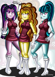 Size: 800x1110 | Tagged: safe, artist:xjkenny, character:adagio dazzle, character:aria blaze, character:sonata dusk, my little pony:equestria girls, armpits, panties, panty shot, the dazzlings, zoom layer