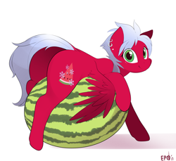 Size: 4000x3656 | Tagged: safe, artist:b-epon, oc, oc only, oc:melon frost, species:pegasus, species:pony, cute, ear piercing, earring, female, food, jewelry, looking at you, mare, melon, piercing, plot, simple background, smiling, solo, watermelon, white background