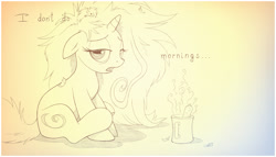 Size: 2188x1248 | Tagged: safe, artist:sherwoodwhisper, oc, oc only, oc:eri, species:pony, species:unicorn, bed hair, carrot, female, food, looking at you, mare, mouse, mug, not a morning pony, sleepy, steam, traditional art