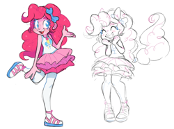 Size: 2136x1591 | Tagged: safe, artist:xenon, character:pinkie pie, g4, my little pony: equestria girls, my little pony:equestria girls, bow, clothing, cute, diapinkes, female, open mouth, pantyhose, ponied up, raised leg, sandals, shoes, simple background, skirt, smiling, solo, white background
