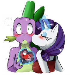 Size: 1193x1280 | Tagged: safe, artist:ss2sonic, character:rarity, character:spike, species:anthro, ship:sparity, blushing, female, fire ruby, interspecies, kiss on the cheek, kissing, male, shipping, simple background, spikelove, straight, surprise kiss, white background
