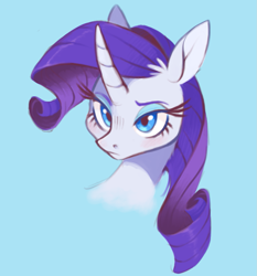 Size: 1165x1250 | Tagged: safe, artist:xenon, character:rarity, species:pony, species:unicorn, blue background, bust, curved horn, ear fluff, female, looking at you, makeup, mare, simple background, solo