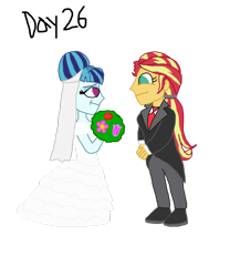Size: 816x979 | Tagged: safe, artist:bigpurplemuppet99, character:sonata dusk, character:sunset shimmer, my little pony:equestria girls, 30 day otp challenge, clothing, dress, female, lesbian, married, shipping, simple background, sunata, transparent background, tuxedo, wedding dress