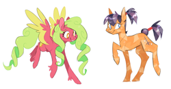Size: 2452x1272 | Tagged: safe, artist:xenon, oc, oc only, oc:sunnydays, species:crystal pony, species:earth pony, species:pegasus, species:pony, duo, ear fluff, female, male, mare, ponytail, raised hoof, simple background, sparkles, stallion, tail wrap, unshorn fetlocks, white background