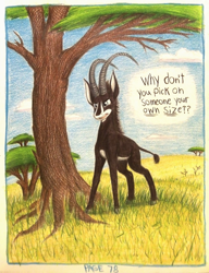 Size: 1080x1404 | Tagged: safe, artist:thefriendlyelephant, oc, oc only, oc:sabe, comic:sable story, acacia tree, africa, animal in mlp form, antelope, cloven hooves, comic, dialogue, giant sable antelope, grass, horns, regal, rhetorical question, savanna, speech bubble, traditional art