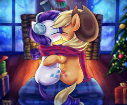 Size: 1800x1500 | Tagged: safe, artist:tcn1205, character:applejack, character:rarity, species:earth pony, species:pony, species:unicorn, ship:rarijack, blushing, christmas, christmas tree, clothing, duo, female, fireplace, holiday, intertwined tails, kissing, lesbian, mare, mistletoe, present, scarf, shared clothing, shipping, sitting, socks, tree