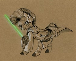 Size: 742x600 | Tagged: safe, artist:maytee, character:zecora, species:pony, species:zebra, clothing, crossover, female, frown, glare, hoof hold, jedi, lightsaber, looking back, mare, raised hoof, sepia, simple background, solo, star wars, traditional art, weapon, yoda, yodacora