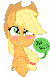 Size: 800x1214 | Tagged: safe, artist:emositecc, character:applejack, species:earth pony, species:pony, blushing, bust, clothing, cowboy hat, dialogue, female, flattered, hat, mare, portrait, simple background, smiling, solo, speech bubble, stetson, transparent background