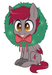 Size: 1583x2284 | Tagged: safe, artist:higgly-chan, oc, oc only, oc:velvet quill, species:hippogriff, 2018 community collab, derpibooru community collaboration, blep, bow, christmas wreath, silly, simple background, tongue out, transparent background, wreath, ych result