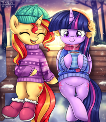Size: 1300x1500 | Tagged: safe, artist:tcn1205, character:sunset shimmer, character:twilight sparkle, character:twilight sparkle (alicorn), species:alicorn, species:pony, species:unicorn, bench, both cutie marks, clothing, coffee, cute, duo, earmuffs, eyes closed, female, happy, mare, open mouth, scarf, shimmerbetes, shoes, sitting, sitting lyra style, smiling, snow, sweater, tree, twiabetes