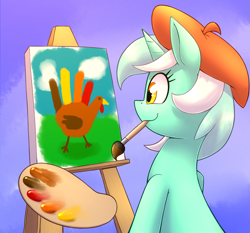 Size: 1871x1741 | Tagged: safe, artist:otakuap, character:lyra heartstrings, species:pony, species:unicorn, beret, canvas, clothing, cute, female, hand, hand turkey, hat, mare, mouth hold, paintbrush, painting, smiling, solo, that pony sure does love hands, turkey