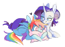 Size: 1253x895 | Tagged: safe, artist:xenon, character:rainbow dash, character:rarity, species:pegasus, species:pony, species:unicorn, ship:raridash, donkey ears, duo, ear fluff, female, heart, lesbian, mare, pillow, prone, shipping, simple background, smiling, white background