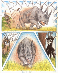 Size: 1076x1364 | Tagged: safe, artist:thefriendlyelephant, oc, oc only, oc:grumpy the rhino, oc:sabe, oc:uganda, comic:sable story, africa, animal in mlp form, antelope, black rhinoceros, bush, charge, comic, dust, giant sable antelope, grass, grumpy, horns, raaaaah!, rhinoceros, running, savanna, scar, scared, speed lines, territorial, traditional art, tree, yelling