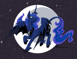 Size: 1301x1000 | Tagged: safe, artist:texasuberalles, character:princess luna, species:alicorn, species:classical unicorn, species:pony, alternate design, bat wings, cloven hooves, curved horn, female, flying, hybrid wings, leonine tail, lineless, looking back, mare, moon, slit eyes, solo, space, unshorn fetlocks