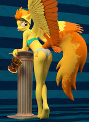 Size: 1467x2000 | Tagged: safe, artist:tahublade7, character:spitfire, species:anthro, species:pegasus, species:plantigrade anthro, species:pony, 3d, ass, barefoot, blep, blue underwear, bra, butt, clothing, daz studio, feet, female, firebutt, looking back, pack:pantiepalooza, panties, plinth, polka dot underwear, sexy, silly, solo, stupid sexy spitfire, sunglasses, tongue out, trophy, underwear, white underwear