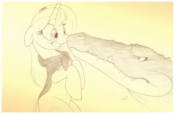 Size: 1165x759 | Tagged: safe, artist:sherwoodwhisper, oc, oc only, oc:eri, species:pony, species:unicorn, cape, clothing, crocodile, female, grin, male, mare, monochrome, mouse, nervous, nervous grin, smiling