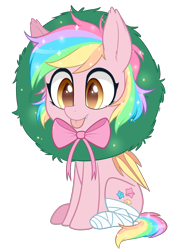 Size: 1620x2204 | Tagged: safe, artist:higgly-chan, oc, oc only, oc:paper stars, species:bat pony, species:pony, amputee, bandage, bat pony oc, blep, christmas wreath, cute, cute little fangs, ear fluff, fangs, silly, silly pony, simple background, sitting, smiling, solo, tongue out, transparent background, wreath, ych result