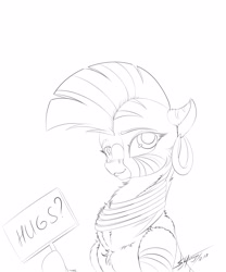 Size: 2500x3000 | Tagged: safe, artist:skitsroom, character:zecora, species:zebra, bronybait, cute, ear piercing, earring, female, fluffy, free hugs, jewelry, lineart, looking at you, monochrome, piercing, sign, simple background, solo, white background, zecorable