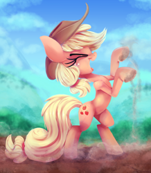 Size: 2000x2297 | Tagged: safe, artist:discorded, character:applejack, species:earth pony, species:pony, clothing, cowboy hat, eyes closed, female, happy, hat, majestic, mare, open mouth, rearing, smiling, solo, standing up, stetson, xd, yay, yeehaw