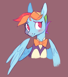 Size: 965x1081 | Tagged: safe, artist:xenon, character:rainbow dash, species:pegasus, species:pony, episode:a hearth's warming tail, g4, my little pony: friendship is magic, blushing, bust, clothing, female, mare, multicolored hair, no pupils, red background, simple background, smiling, snowdash, solo