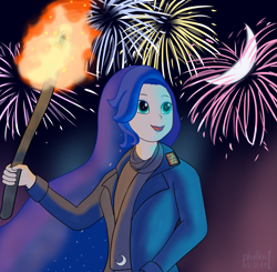 Size: 2041x2000 | Tagged: safe, artist:phallen1, character:princess luna, species:human, clothing, duran duran, female, fire, fireworks, humanized, jacket, luna day, moon, music video reference, new moon on monday, scarf, solo, song reference, torch