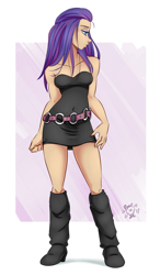 Size: 1200x2050 | Tagged: safe, artist:ponut_joe, character:rarity, species:human, alternate hairstyle, beautiful, boots, clothing, dress, female, high heel boots, humanized, knee-high boots, looking away, minidress, miniskirt, shoes, skirt, solo, strapless, thighs