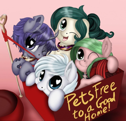Size: 1024x982 | Tagged: safe, artist:manifest harmony, oc, oc only, species:changeling, species:pony, fanfic:clocktower society, box, changeling oc, collar, cute, ear fluff, fanfic, fanfic art, fanfic cover, food bowl, free pony, heart eyes, hnnng, leash, mouth hold, ocbetes, one eye closed, pony in a box, pony pet, purple changeling, wingding eyes, wink, yarn