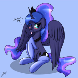 Size: 2301x2306 | Tagged: safe, artist:nexcoyotlgt, character:princess luna, species:alicorn, species:pony, :t, alternate hairstyle, blatant lies, blep, blue background, blushing, cheek fluff, clothing, cute, female, floppy ears, i'm not cute, lunabetes, mare, one eye closed, ponytail, silly, silly pony, simple background, sitting, smiling, socks, solo, spread wings, stockings, thigh highs, tongue out, weapons-grade cute, wings, wink