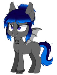 Size: 1815x2389 | Tagged: safe, artist:higgly-chan, oc, oc only, oc:starlight shadow, species:bat pony, species:pony, 2018 community collab, derpibooru community collaboration, bat pony oc, bracelet, chibi, cute, ear fluff, fangs, gradient hair, jewelry, necklace, simple background, solo, star of david, transparent background