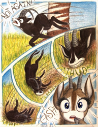 Size: 1064x1380 | Tagged: safe, artist:thefriendlyelephant, oc, oc only, oc:sabe, oc:uganda, comic:sable story, acacia tree, africa, animal in mlp form, antelope, cloven hooves, comic, dust, fwump, giant sable antelope, horns, savanna, speed lines, thud, traditional art, trip, tumbling
