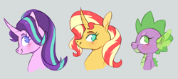 Size: 1300x584 | Tagged: safe, artist:xenon, character:spike, character:starlight glimmer, character:sunset shimmer, species:dragon, species:pony, species:unicorn, :t, blushing, bust, curved horn, eyelashes, fangs, female, gray background, lidded eyes, looking at you, looking back, male, mare, simple background, smiling, trio
