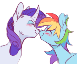Size: 711x589 | Tagged: source needed, safe, artist:xenon, character:rainbow dash, character:rarity, species:pegasus, species:pony, species:unicorn, ship:raridash, blushing, bust, curved horn, duo, eyes closed, female, lesbian, mare, nuzzling, shipping, simple background, smiling, white background