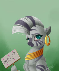 Size: 2500x3000 | Tagged: safe, artist:skitsroom, character:zecora, species:zebra, bronybait, cute, ear piercing, earring, female, jewelry, piercing, sign, solo, zecorable