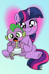Size: 800x1214 | Tagged: safe, artist:emositecc, character:spike, character:twilight sparkle, species:dragon, species:pony, species:unicorn, baby, baby spike, cute, diaper, duo, female, filly, filly twilight sparkle, hnnng, mama twilight, smiling, spikabetes, spikelove, twiabetes, weapons-grade cute, younger