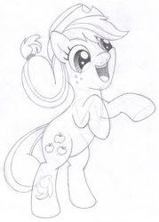 Size: 1355x1891 | Tagged: safe, artist:aafh, character:applejack, species:earth pony, species:pony, female, monochrome, rearing, solo, traditional art