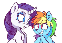 Size: 509x359 | Tagged: source needed, safe, artist:xenon, character:rainbow dash, character:rarity, species:pegasus, species:pony, species:unicorn, ship:raridash, female, laughingmares.jpg, lesbian, mare, scene interpretation, shipping, simple background, white background