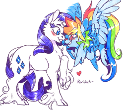 Size: 967x862 | Tagged: safe, artist:xenon, character:rainbow dash, character:rarity, species:classical unicorn, species:pegasus, species:pony, species:unicorn, ship:raridash, blushing, boop, cheek fluff, chest fluff, cloven hooves, cute, eye contact, female, flying, grin, heart, leg fluff, leonine tail, lesbian, looking at each other, mare, noseboop, nuzzling, raised hoof, shipping, simple background, smiling, spread wings, unshorn fetlocks, white background, wings