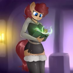 Size: 9000x9000 | Tagged: safe, artist:xorza, part of a set, oc, oc only, oc:latch, species:anthro, species:earth pony, species:pony, absurd resolution, anthro oc, book, clothing, female, mare, reading, skirt, smiling, socks, solo, stockings, thigh highs