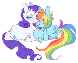 Size: 1395x1140 | Tagged: source needed, safe, artist:xenon, character:rainbow dash, character:rarity, species:classical unicorn, species:pegasus, species:pony, species:unicorn, ship:raridash, blushing, chest fluff, cloven hooves, curved horn, ear fluff, eyes closed, female, leonine tail, lesbian, mare, nuzzling, prone, shipping, simple background, smiling, unshorn fetlocks, white background